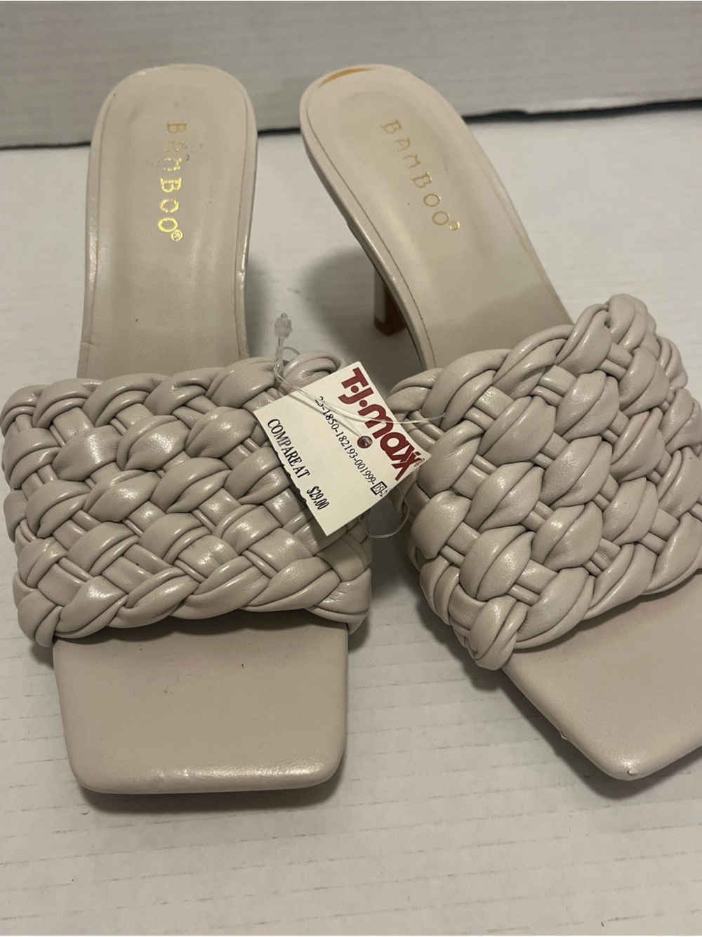 BAMBOO Woven Strap Square-Toe Slide Heels in Light Cream IVORY